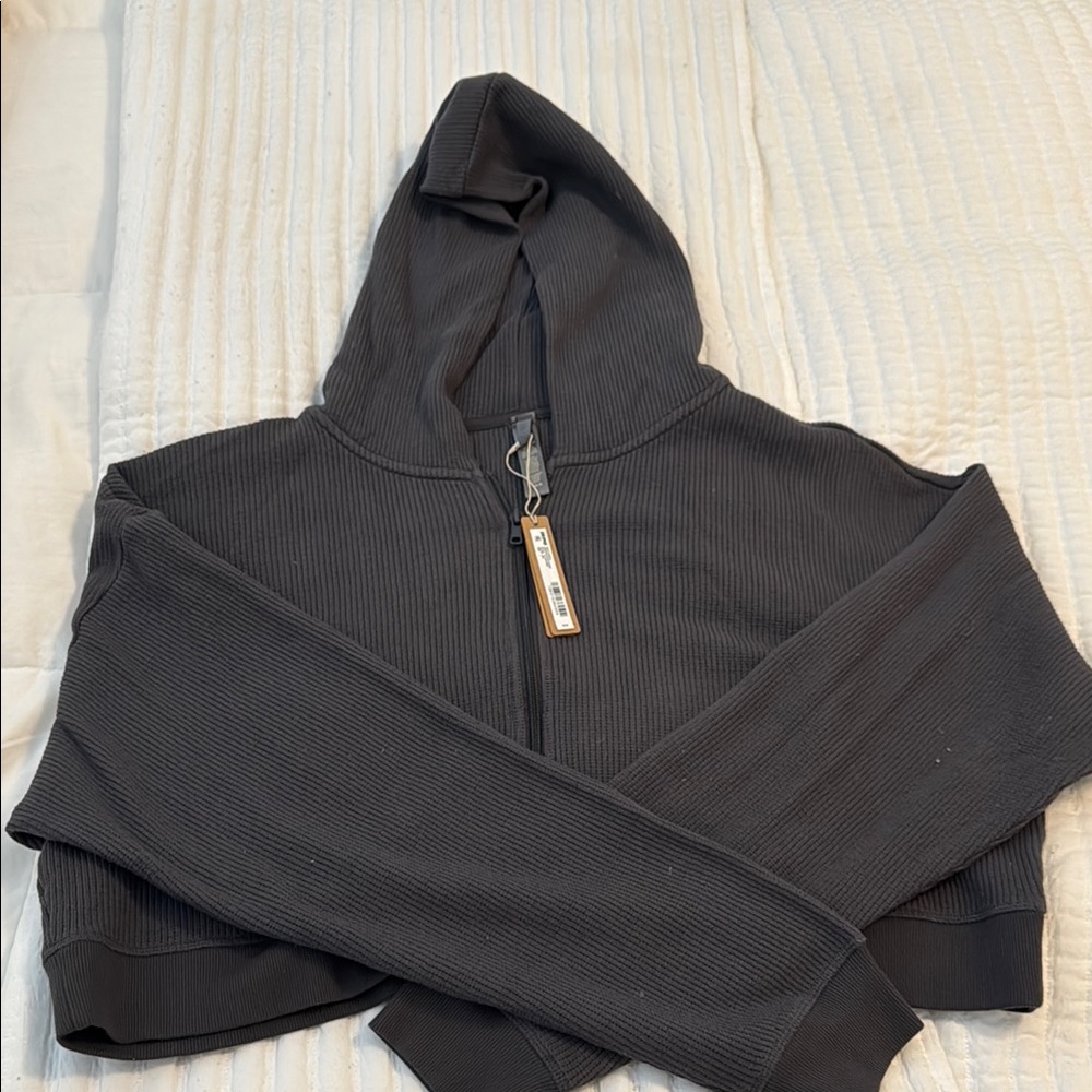 SKIMS HEAVY WAFFLE CROPPED ZIP UP HOODIE | ASH